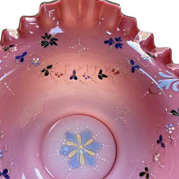 Victorian Brides Basket Bristol? Glass Cranberry Pink & White Bowl Enamel Design - Picture 9 of 10